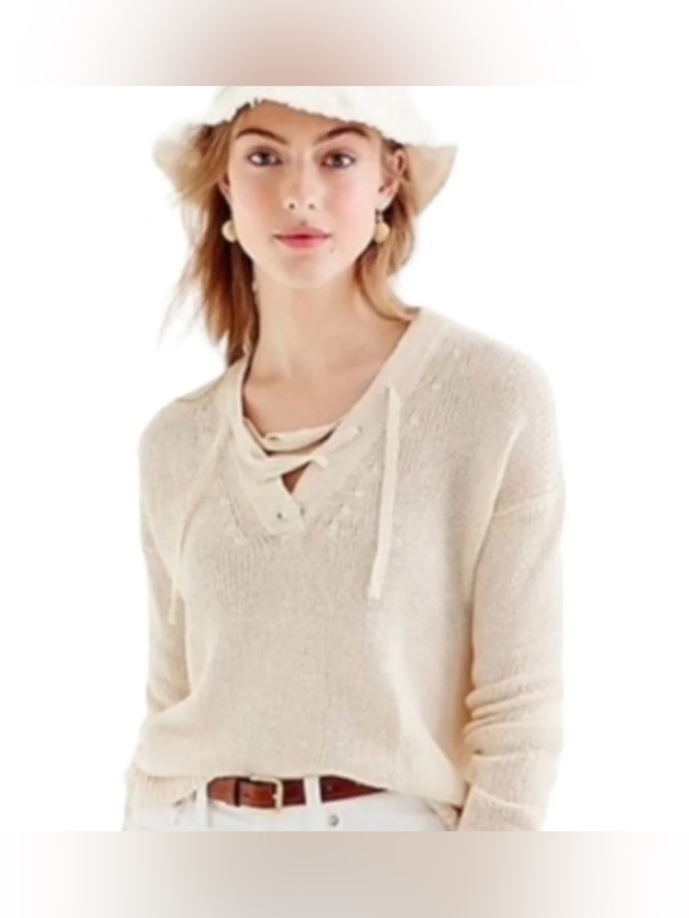 J. Crew Cream Lace-Up V-Neck Boho Oversized Relaxed Linen Pullover Sweater XS